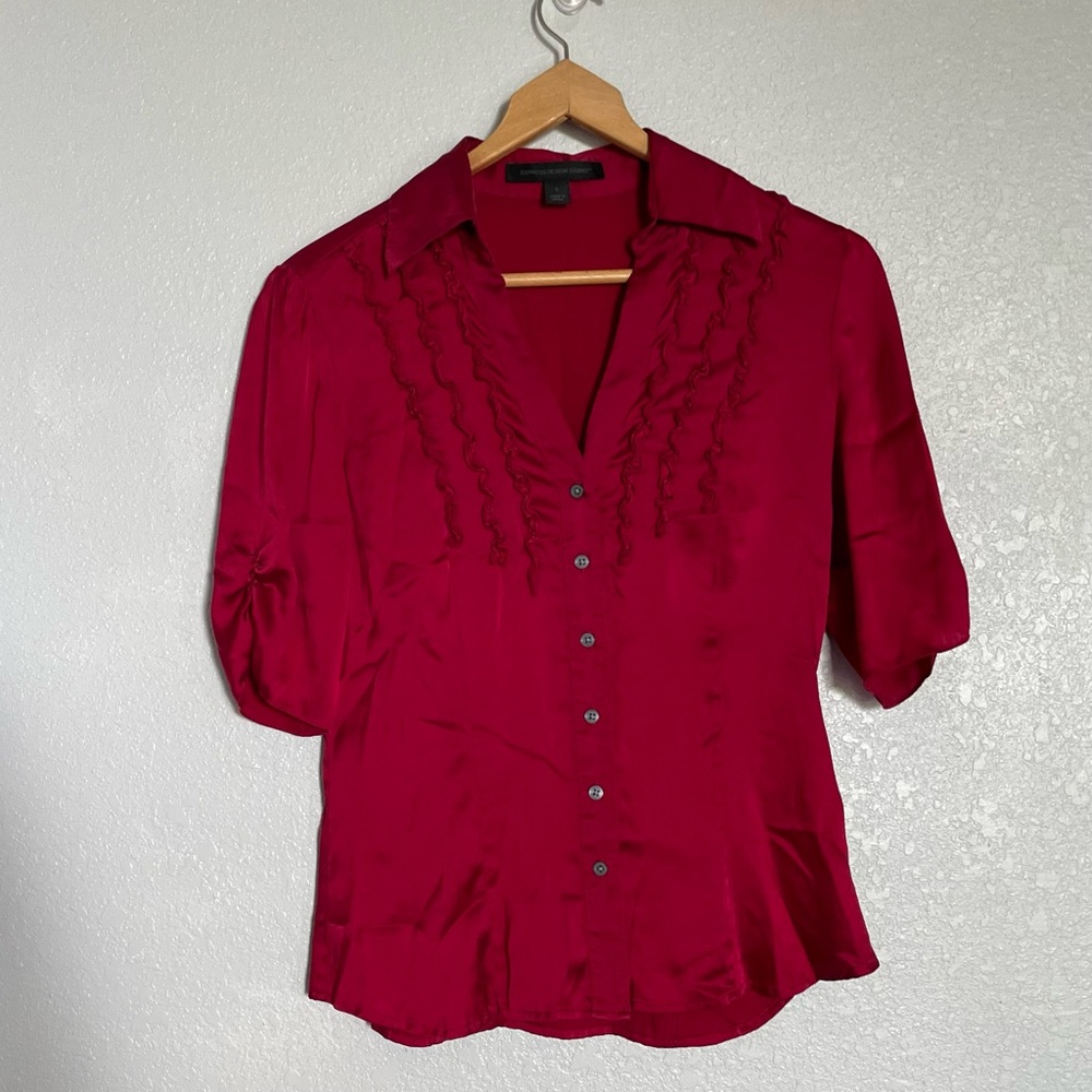 Express Design Studio - Red Silk Elbow Sleeve Blouse - Size S